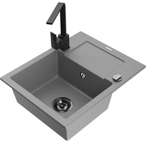 Mexen Enzo, granitový drez 576x465x174 mm, 1-komorový a čierna batéria Rita, šedá, 6506-71-670300-70-B