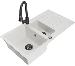 Mexen Matias, 1,5-komorový granitový drez 900x505x200 mm a drezová batéria Elia, biela, 6502-20-670101-70
