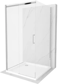 Mexen Omega, 3-stenový sprchovací kút s posuvnými dverami 100 (dvere) x 100 (stena) x 190 cm, 8mm číre sklo, chrómový profil + biela sprchová vanička SLIM, 825-100-100-01-00-3s-4010