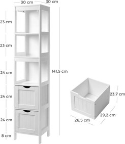 Kúpeľňová vysoká skrinka, s 2 zásuvkami a 3 policami, biela