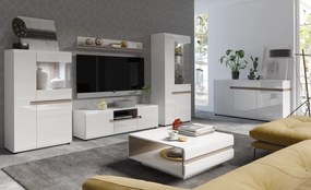 Vysoká vitrína Linate, biely lesk/dub, ľavé dvere