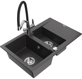 Mexen Gaspar, granitový drez 737x475x177 mm, 1,5-komorový a drezová batéria Duo, čierna škvrnitá, 6507-76-671701-07