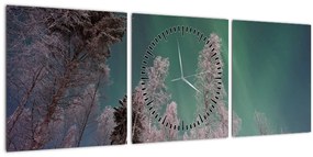 Obraz polárna žiara nad zamrznutými stromami (s hodinami) (90x30 cm)