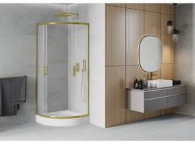 Mexen Rio, štvrťkruhový sprchovací kút s posuvnými dverami 90(dvere) x 90(dvere) x 190 cm, 6mm sklo námraza, zlatý profil + biela sprchová vanička RIO, 863-090-090-50-30-4710
