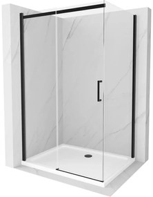Mexen Omega, sprchovací kút s posuvnými dverami 140 (dvere) x 100 (stena) cm, 8mm číre sklo, čierny profil + slim sprchová vanička biela s čiernym sifónom, 825-140-100-70-00-4010B
