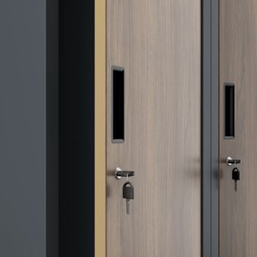 Kovová šatňová dvojmodulová skriňa na sokli s policou KACPER, 800 x 1800 x 500 mm, Eco Design: antracitová/ orech