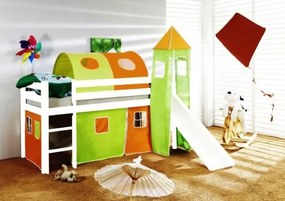 Detská vyvýšená posteľ so šmýkačkou DOMČEK zelenooranžovom - BIELA