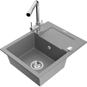 Mexen Enzo, granitový drez 576x465x174 mm, 1-komorový, chrómová batéria Duero, šedá, 6506-71-671600-00