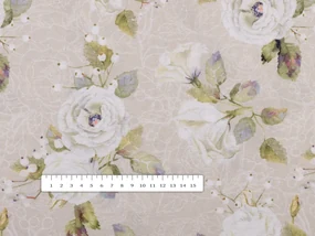 Biante Dekoračný behúň na stôl PML-059 Biele ruže s perokresbou na béžovom 20x120 cm