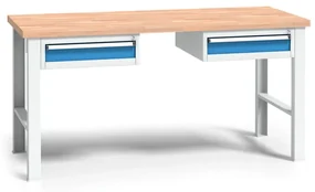 Pracovný stôl do dielne WL s 2 závesnými boxami na náradie, buková škárovka, 2 zásuvky, pevné kovové nohy, 2000 mm