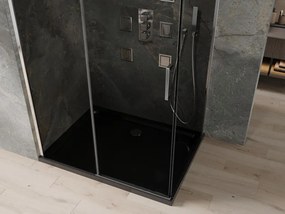 Mexen Omega, sprchový kút s posuvnými dverami 120 (dvere) x 90 (stena) cm, 8mm šedé sklo, chrómový profil + slim sprchová vanička čierna + chrómový sifón, 825-120-090-01-40-4070