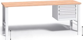 Výškovo nastaviteľný pracovný stôl do dielne G3 so závesným boxom na náradie, buková škárovka, 3 zásuvky, 2000 x 685 x 840 - 1050 mm, sivá