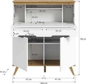 Sekretár s výklopným stolíkom Scandi, biela/dub nox