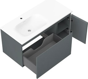 Mexen Rivel, kúpeľňová skrinka 100 cm s umývadlom Vela vľavo, 1S, 1D, drážkovaná, grafitová matná/biela matná, 91A23-10047-3-BBFF66-W23L01