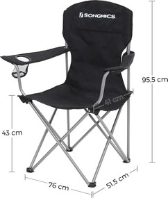 Skladacia kempingová stolička, 2-dielna súprava s držiakom na pohár, čierna