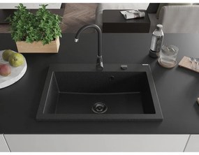 Mexen Elix, 1-korový granitový drez 700 x 500 mm, čierna/strieborná metalíza, čierny sifón, 6526701005-73-B