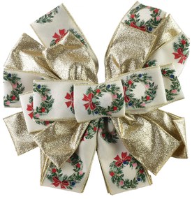 Vánoční dekorativní mašle Santa Lila 32x130 cm béžovo-zlatá s věnci