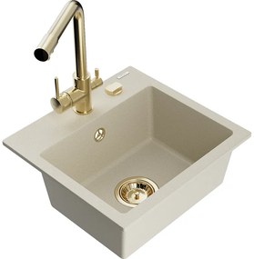 Mexen Milo, granitový drez 435x410x171 mm, 1-komorový a zlatá batéria Duero, béžová, 6505-69-671600-50