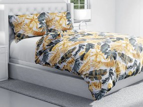 Biante Bavlnené posteľné obliečky Sandra SA-388 Sivozelené a zlaté tropické listy na bielom Predĺžené 140x220 a 70x90 cm