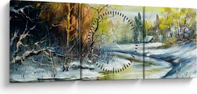 Obraz zimnej rieky, olejomaľba (s hodinami) (90x30 cm)