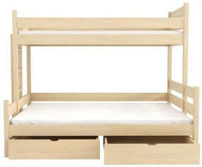 Detská poschodová posteľ z masívu borovice s rozšíreným spodným lôžkom BERTA so šuplíkmi - 200x90/140 cm - PRÍRODNÁ BOROVICA