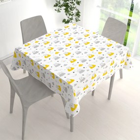 Biante Detský bavlnený štvorcový obrus Sandra SA-725 Medvedíky na žlto-sivých obláčikoch na bielom 60x60 cm