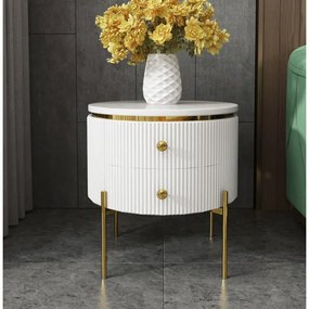 NOČNÝ STOLÍK GASTON BIELY + ZLATÉ NOHY + SYNTETICKÝ MRAMOR