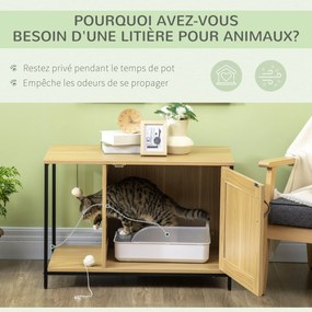 PawHut Toaleta pre mačky v priemyselnom štýle - bočný vstup, zavesená hračka, oceľový rám a vzhľad svetlého dreva | Aosom