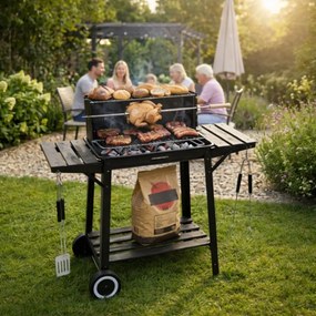 Záhradný gril na drevené uhlie s ražňom, horným roštom a policami