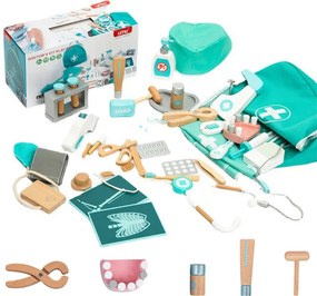 LEAN Toys Lekárska súprava „Malý doktor – zubár“, drevená lekárnička, plášť, 20 ks