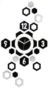3D nalepovacie hodiny Hexagon čierno-zrkadlové