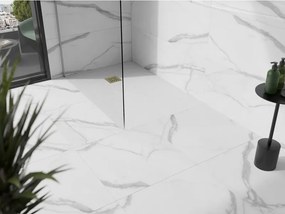 Mexen Stone+, štvorcová vanička z minerálneho kompozitu 140 x 100 cm, biela, zlatá lesklá krytka, 44101014-G