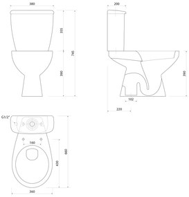 Aqualine Aqualine, MANUEL WC kombi misa s nádržkou vrátane splachovacej súpravy, spodný odpad, biela, PS8814