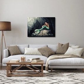 Sklenený obraz - Morská panna na skale (70x50 cm)