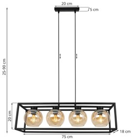 Závesné svietidlo HAGA CAGE, 4x medové sklenené tienidlo v kovovom ráme