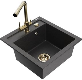 Mexen Vito, 1-komorový granitový drez 520x490x210 mm, zlatá batéria Duero, čierna škvrnitá, 6503-76-671600-50