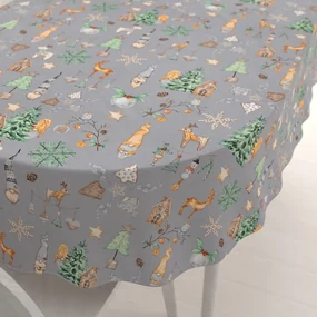 Biante Vianočný bavlnený oválny obrus Sandra SA-509 Vianoční škriatkovia a ozdoby na sivom 80x120 cm