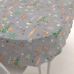 Biante Vianočný bavlnený oválny obrus Sandra SA-509 Vianoční škriatkovia a ozdoby na sivom 50x100 cm