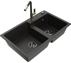 Mexen Tomas, 2-komorový granitový drez 800x500x190 mm a drezová batéria Flora, čierna-zlatá metalíza, 6516-75-670401-57-B