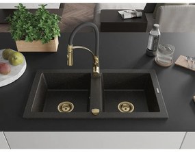 Mexen Mario, granitový drez 820x436x161 mm, 2-komorový a drezová batéria Aster, čierna-zlatá metalíza, 6504-75-73450-57-G