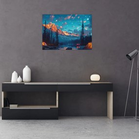 Sklenený obraz - Kempovanie v horách (70x50 cm)