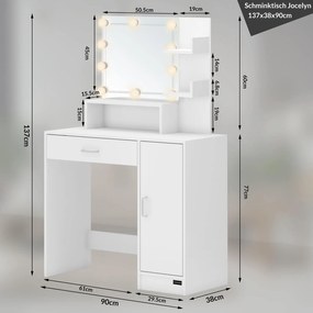 InternetovaZahrada Toaletný stolík Jocelyn s LED osvetlením 90x38x137 cm - biely