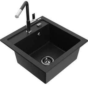 Mexen Vito, 1-komorový granitový drez 490x520x210 mm a drezová batéria Flora, čierna, 6503-77-670401-07-B