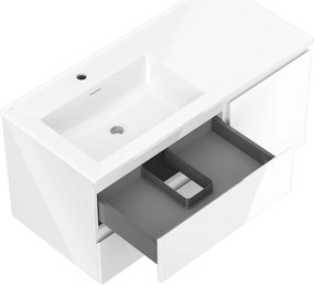Mexen Orio, kúpeľňová skrinka 100 cm s ľavým umývadlom Otis, 2S, 1D, biela lesklá, 91A13-10047-3-BBFFF00-W18L00