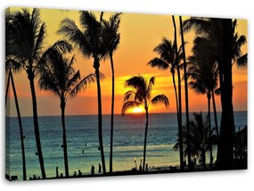 Obraz na plátně Palmy při západu slunce na pláži - 120x80 cm