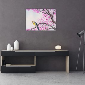 Sklenený obraz - Vtáčik na strome s ružovými kvetmi (70x50 cm)