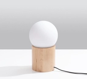 Stolná lampa Boomo, 1x biele sklenené tienidlo, drevo