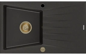 Mexen Cesar granitový jednokomorový drez s odkvapkávačom 775 x 470 mm, Čierna/Zlatá metalíza, Sifón Zlatá - 6514771010-75-G