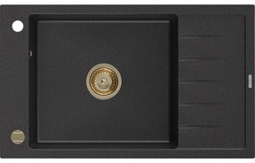 Mexen Elias granitový jednokomorový drez s odkvapkávačom 795 x 480 mm, Čierna/Strieborná metalíza, Sifón Zlatá - 6511791005-73-G
