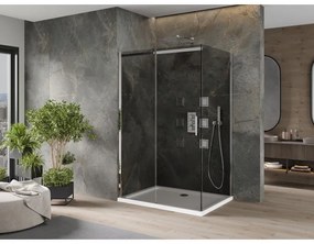 Mexen Omega, sprchový kút s posuvnými dverami 130 (dvere) x 90 (stena) cm, 8mm šedé sklo, chrómový profil + slim sprchová vanička biela + chrómový sifón, 825-130-090-01-40-4010